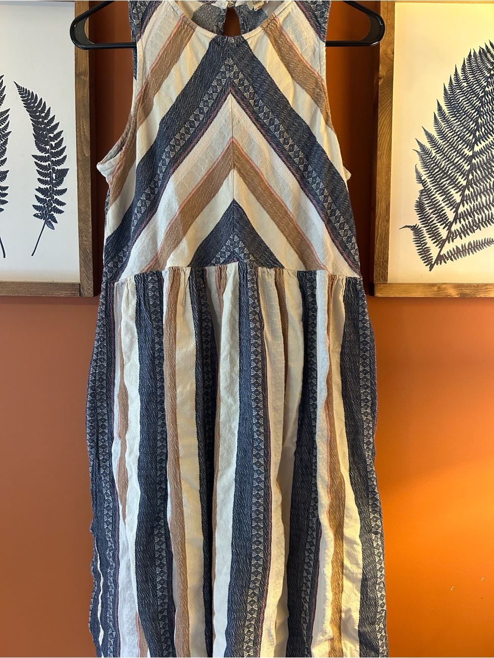 True Craft Striped Midi Dress in Blue, Cream & Tan